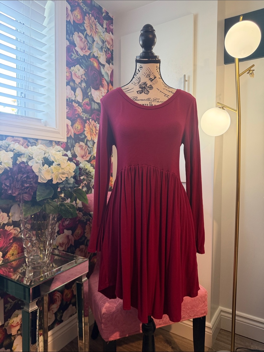 Classic Burgundy Long-Sleeve Swing Dress